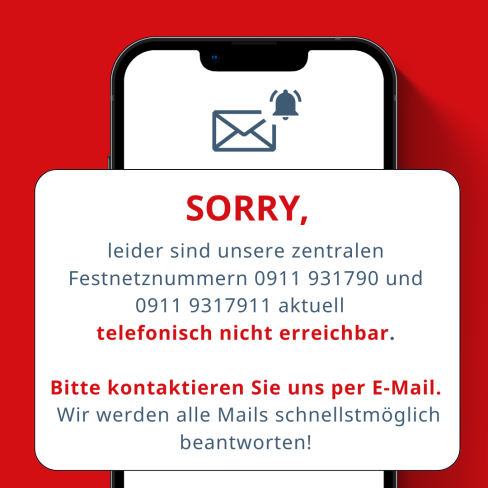 Aktuell sind unsere zentralen Festnetznummern nicht erreichbar. Bitte kontaktieren Sie uns per Mail